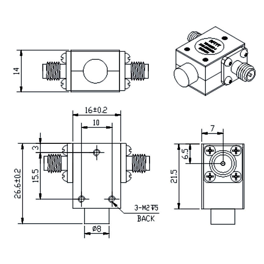 Dimension for 6-18GHz RF Coaxial SMA Isolator